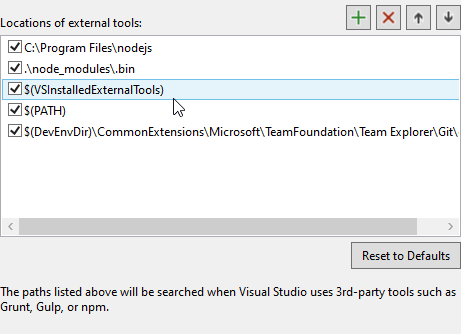 VS Options External Web Tools Node