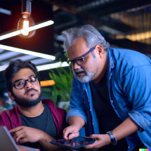 DALL-E generated image of a old developer mentoring a young developer alt 1