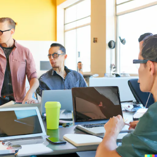 DALL-E generated image of a team working together in a meeting alt 1