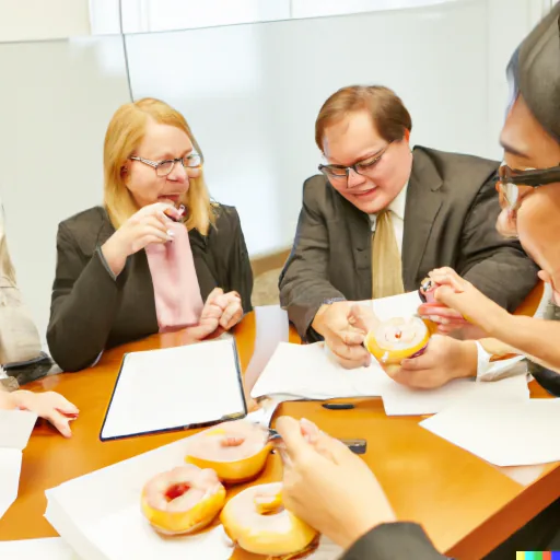 DALL-E generated image of people in a conference room with donuts alt 1