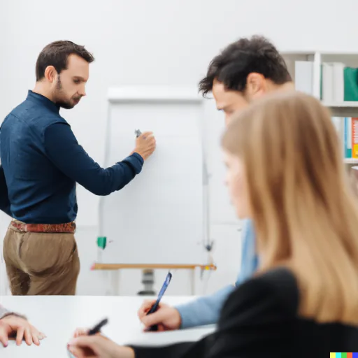 DALL-E generated image of a team in a conference room with a white board alt 1