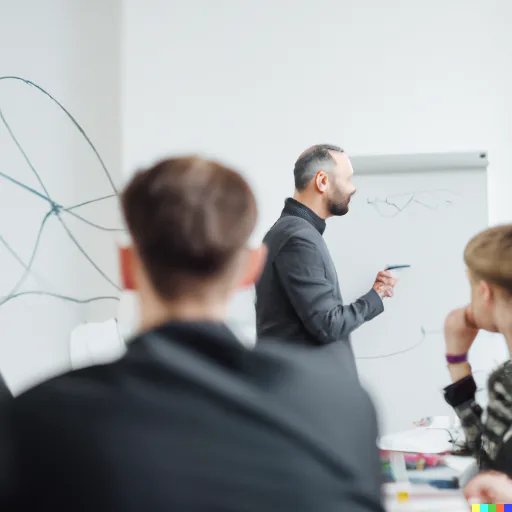 DALL-E generated image of a team in a conference room with a white board alt 1