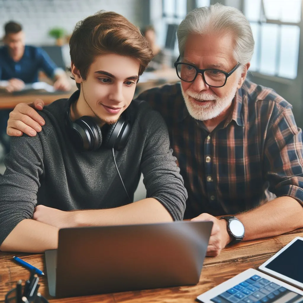 Microsoft Designer image of a old developer mentoring a young developer alt 1