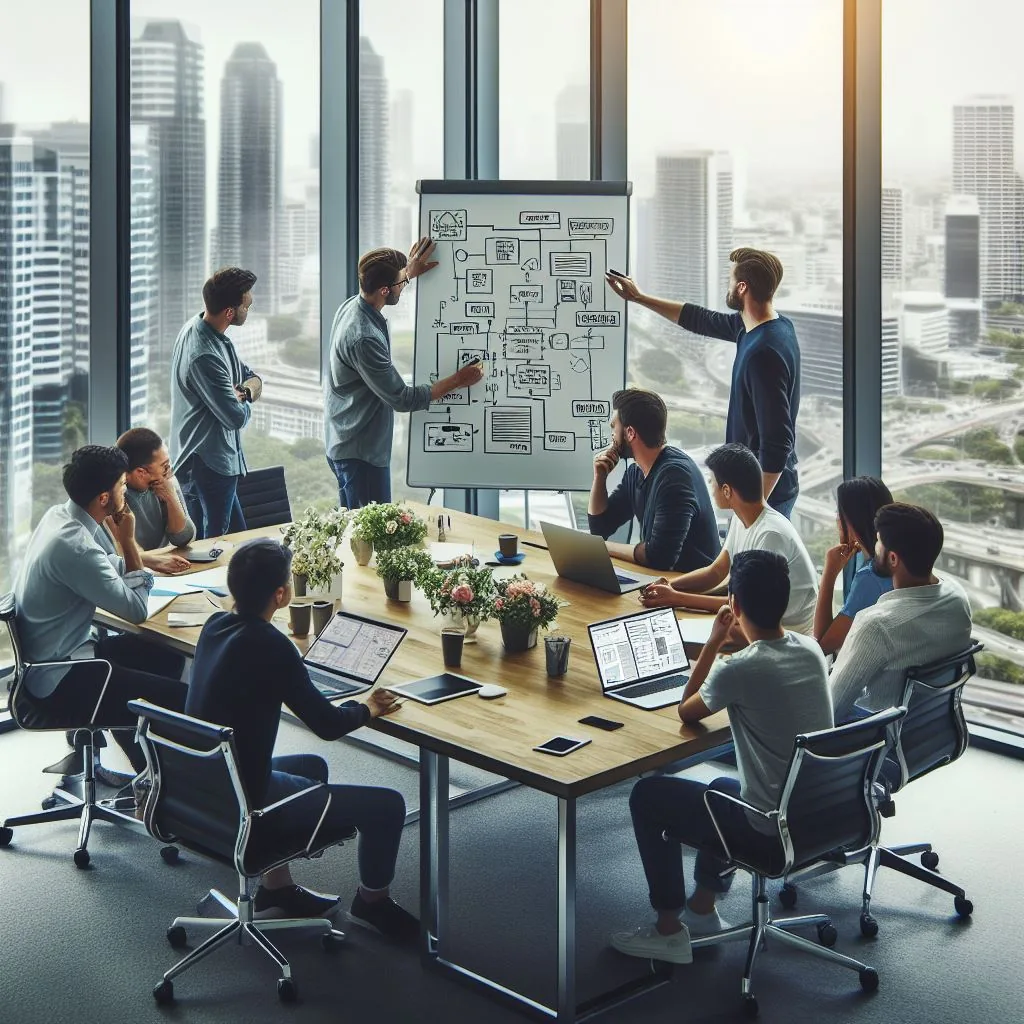 Microsoft Designer image of a group of people around a conference table looking at a white board alt 2
