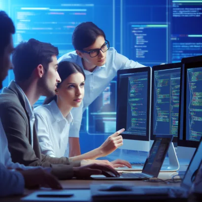 Microsoft Designer image of a group of developers working on code