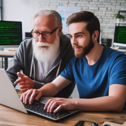 Microsoft Designer image of a old developer mentoring a young developer alt 3
