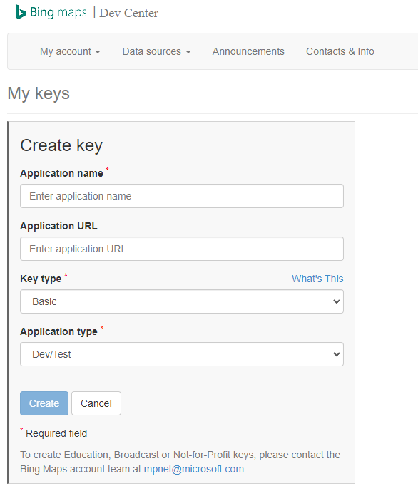 Bing Maps Developer Portal create key menu
