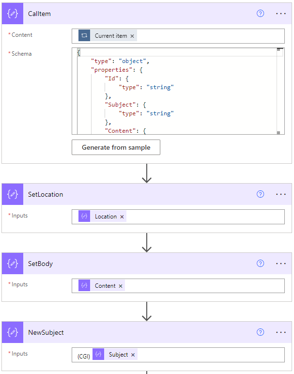 Power Automate actions to parse out the data we need to add our imported calendar event\n