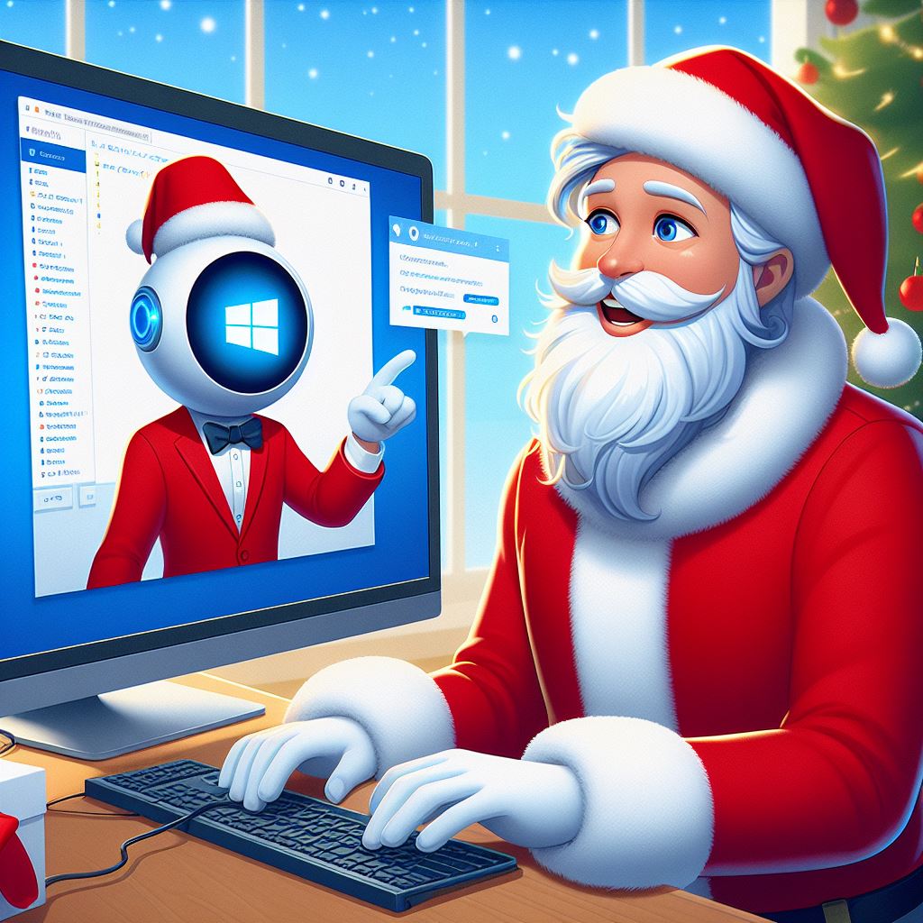 Santa Claus using Microsoft copilot on his computer to check his naughty and nice list