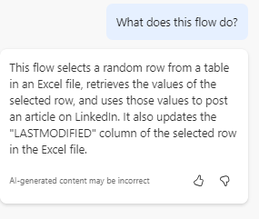 Copilot prompt asking what the flow does and flow summarizing in response\n