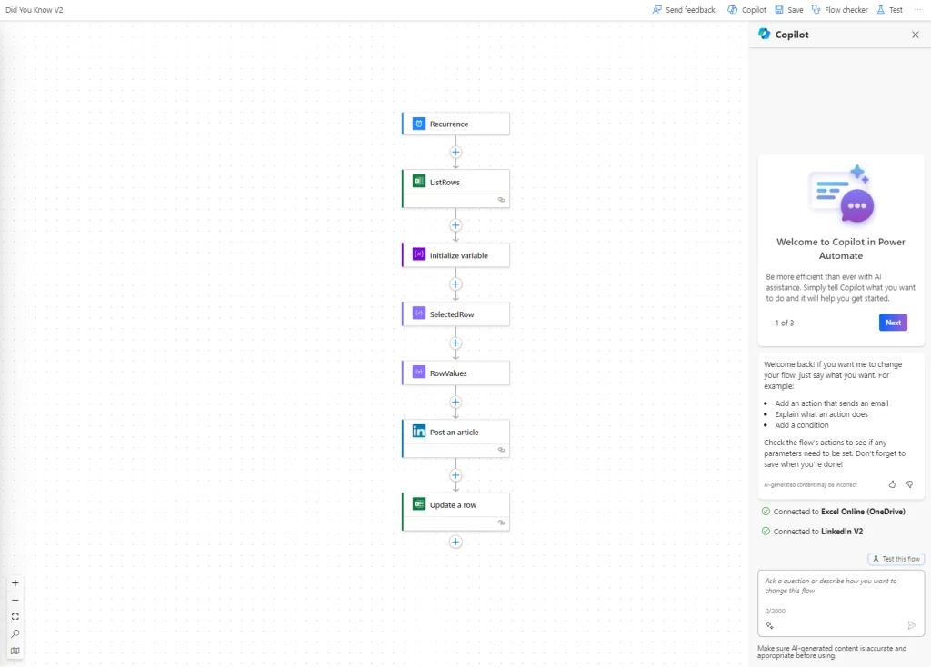 Power Automate interface with example did you know flow in edit mode and copilot window on the right