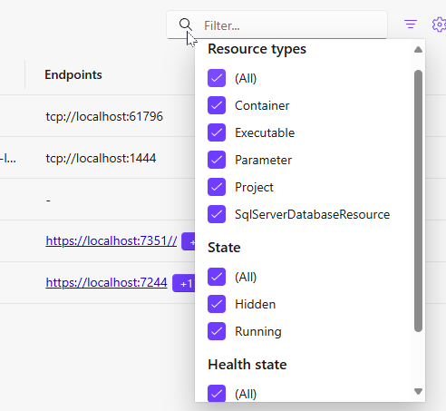 Ability to filter resources in the dashboard by type, state, or health