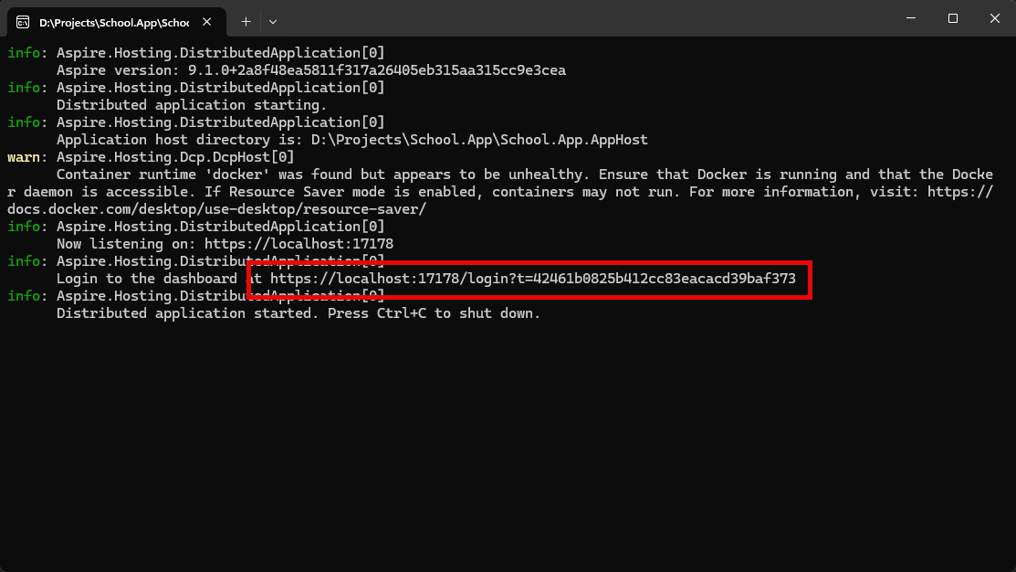 Aspire dashboard link in AppHost console