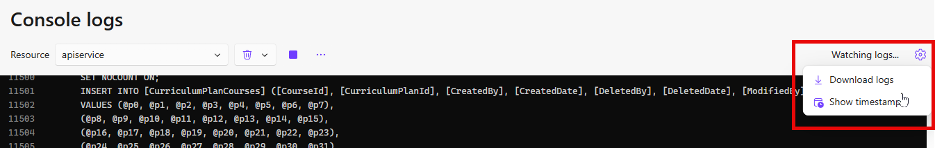 Buttons to download logs or to turn timestamps off and on