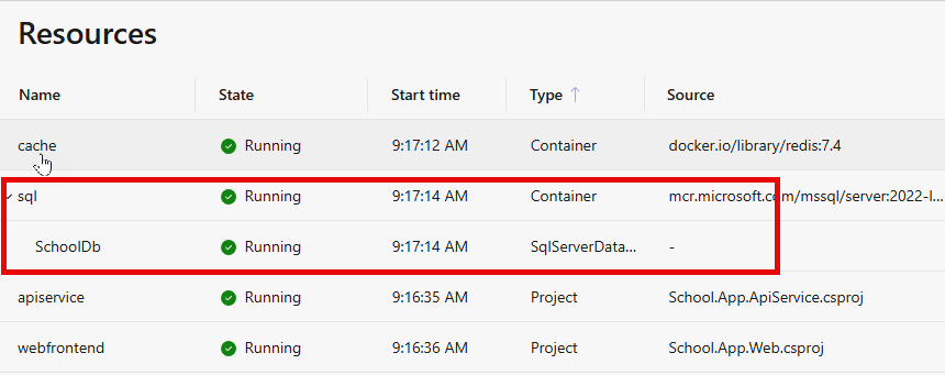 A SQL Server database shown nested beneath the SQL Server instance in the dashboard