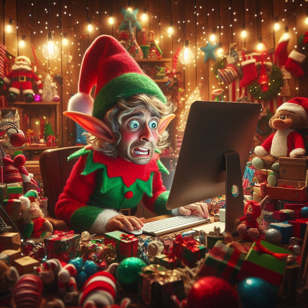 An elf working in IT writing code. He's not having a good day