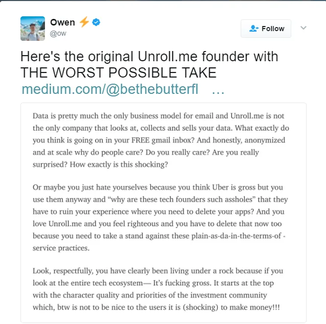 A tweet about the Unroll.me controversy